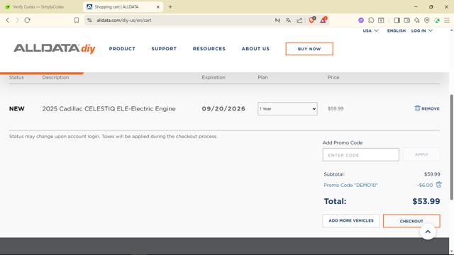 ALLDATA DIY checkout page showing ALLDATA DIY promo code box | Screenshot taken by SimplyCodes community member on Sep 20, 2025