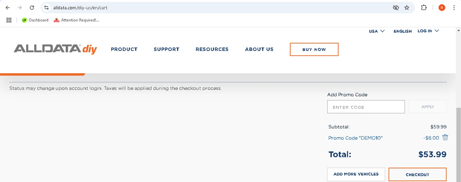 ALLDATA DIY promo code screenshot showing code DEMO10 applied at ALLDATA DIY checkout page. Uploaded by SimplyCodes community member monicacaraballo on Feb 12, 2025