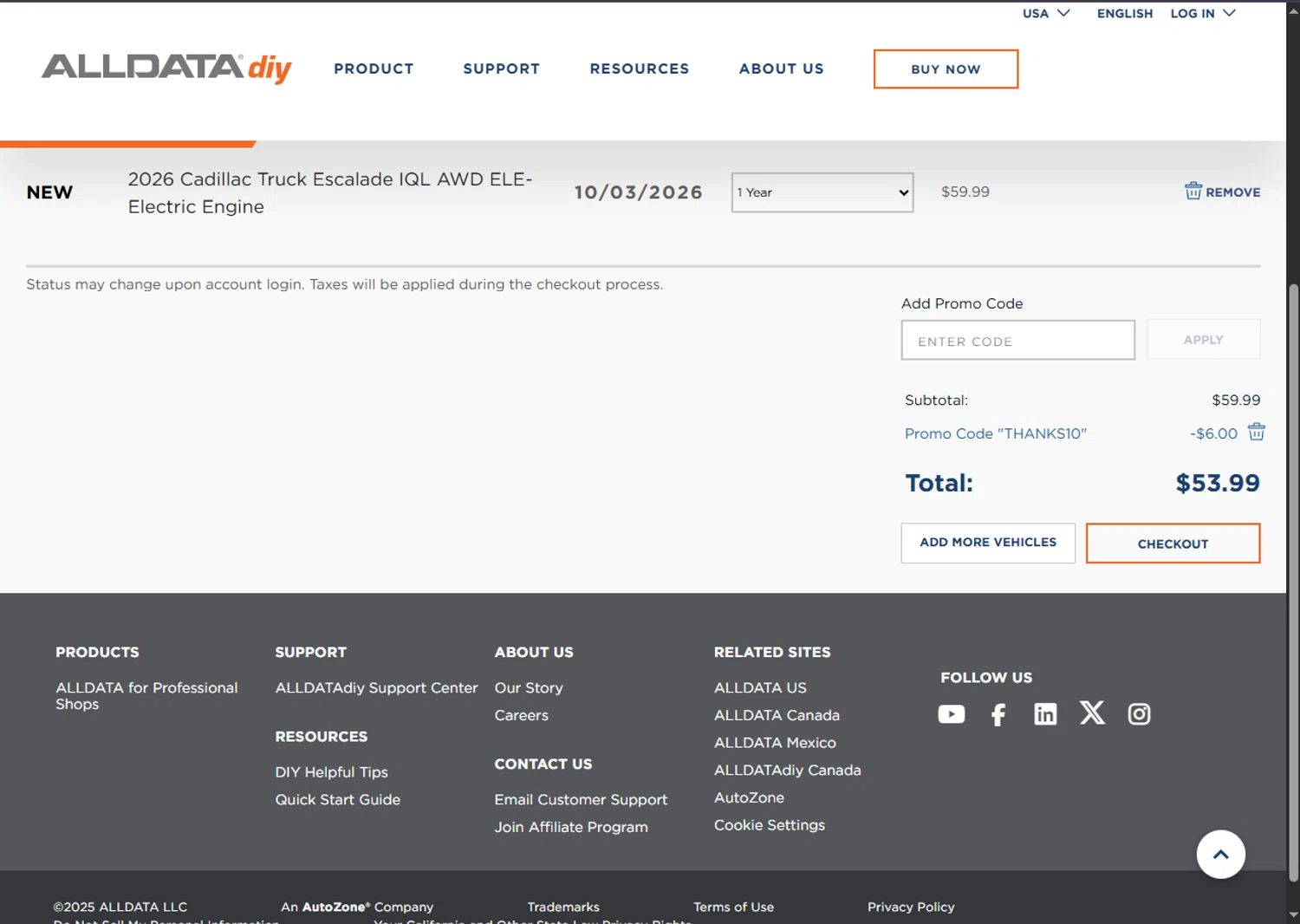 ALLDATA DIY promo code screenshot showing code THANKS10 applied at ALLDATA DIY checkout page. Uploaded by SimplyCodes community member SalePhoenix2220 on Oct 3, 2025