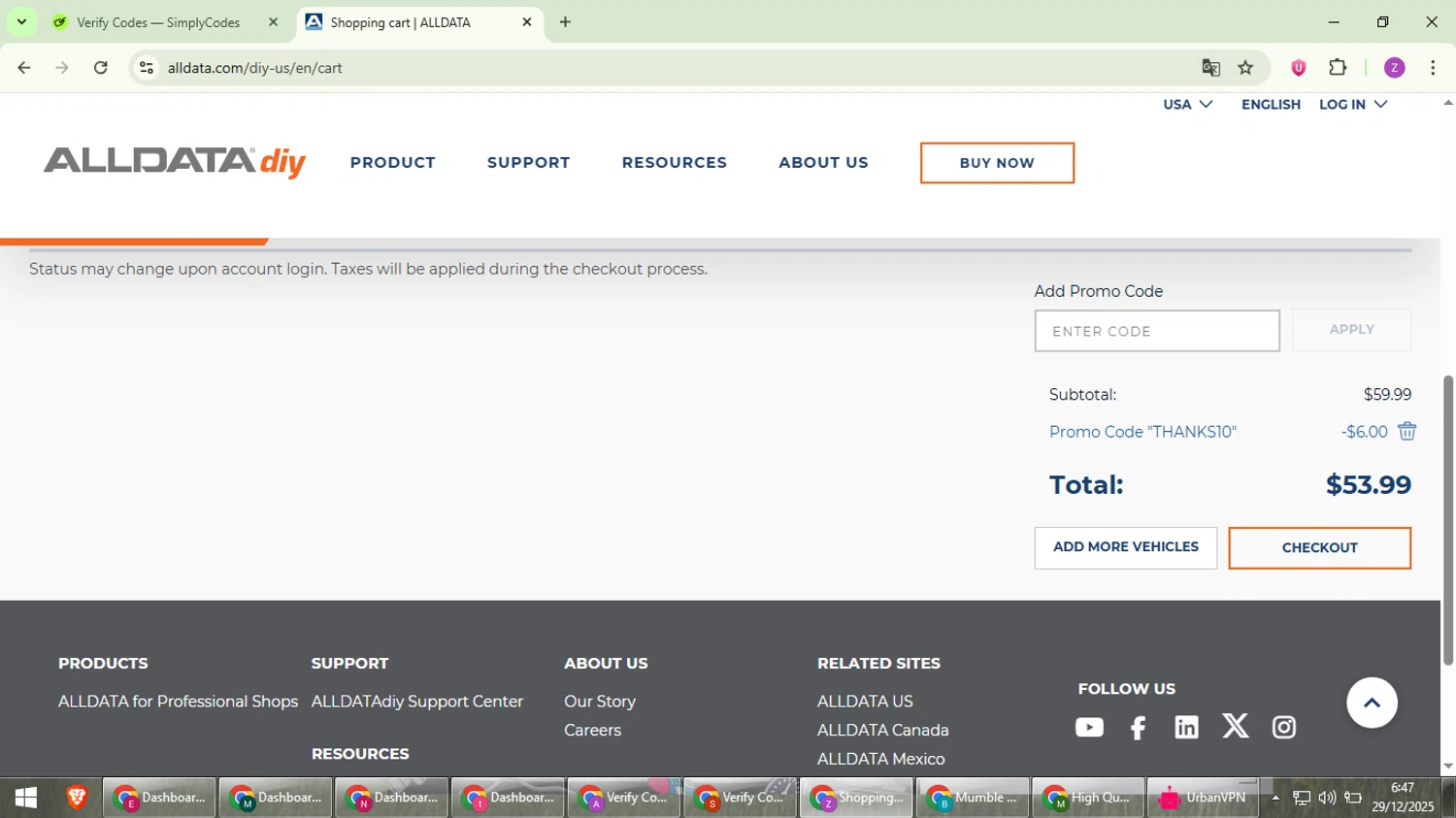 ALLDATA DIY promo code screenshot showing code THANKS10 applied at ALLDATA DIY checkout page. Uploaded by SimplyCodes community member ValiantFinder3275 on Dec 29, 2025