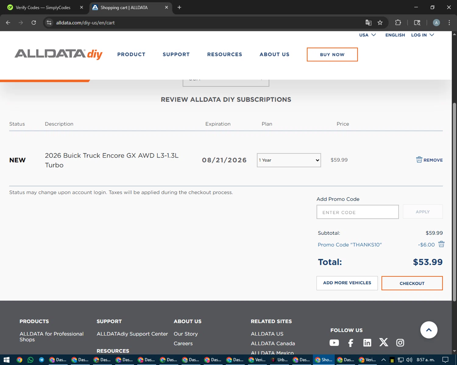 ALLDATA DIY promo code screenshot showing code THANKS10 applied at ALLDATA DIY checkout page. Uploaded by SimplyCodes community member trippieredd on Aug 21, 2025