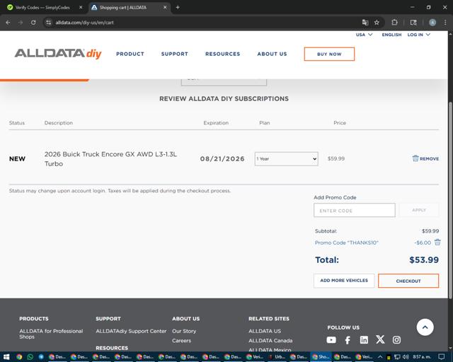 ALLDATA DIY checkout page showing ALLDATA DIY promo code box | Screenshot taken by SimplyCodes community member on Aug 21, 2025