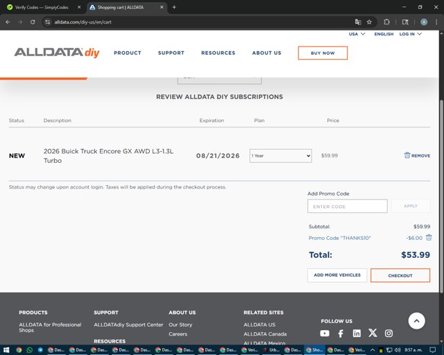 ALLDATA DIY checkout page showing ALLDATA DIY promo code box | Screenshot taken by SimplyCodes community member on Aug 21, 2025