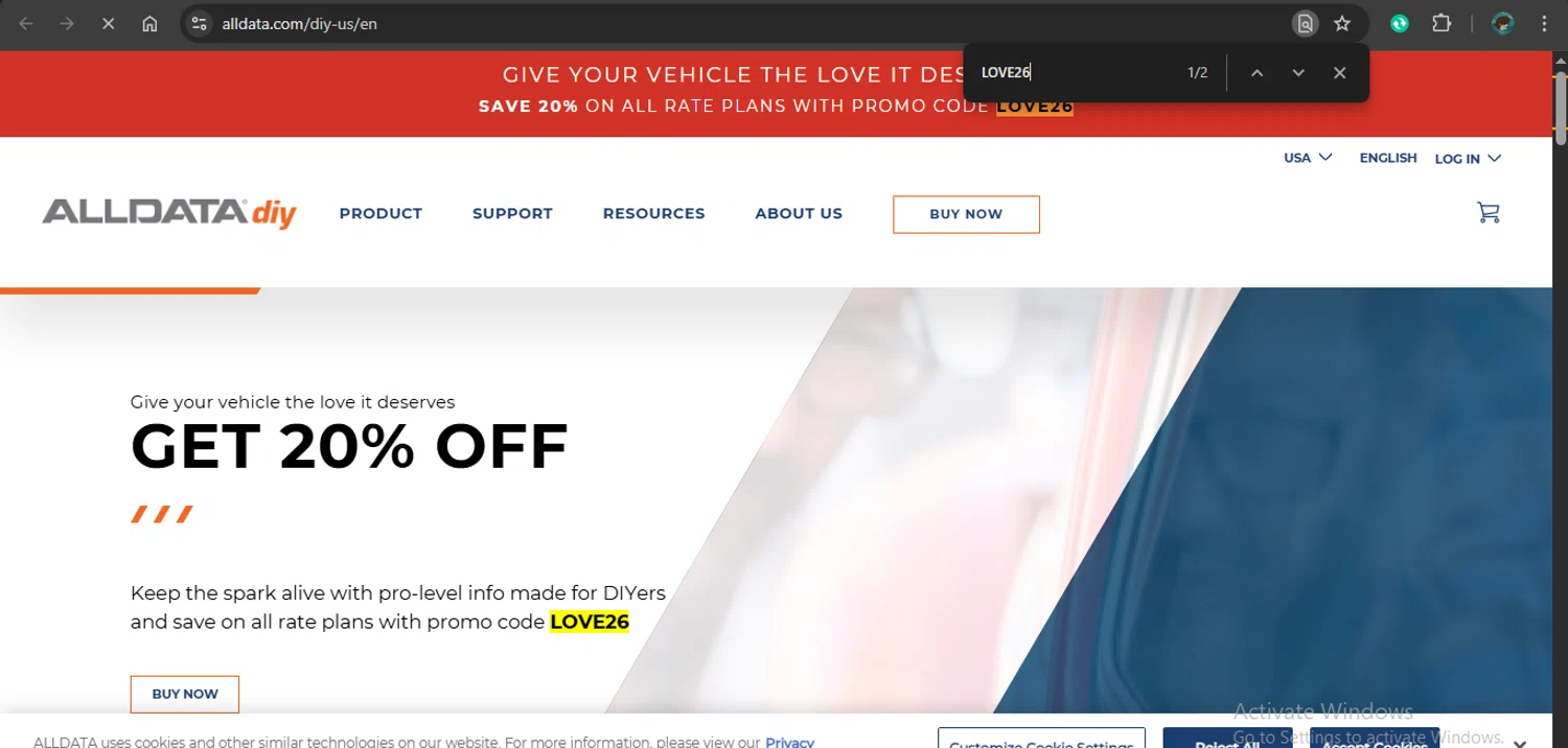 ALLDATA DIY checkout page showing ALLDATA DIY promo code box | Screenshot taken by SimplyCodes community member on Feb 11, 2026