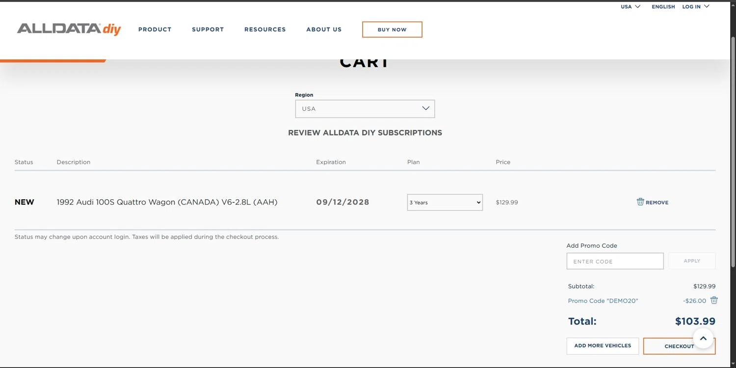 ALLDATA DIY promo code screenshot showing code DEMO20 applied at ALLDATA DIY checkout page. Uploaded by SimplyCodes community member Depressive on Sep 13, 2025