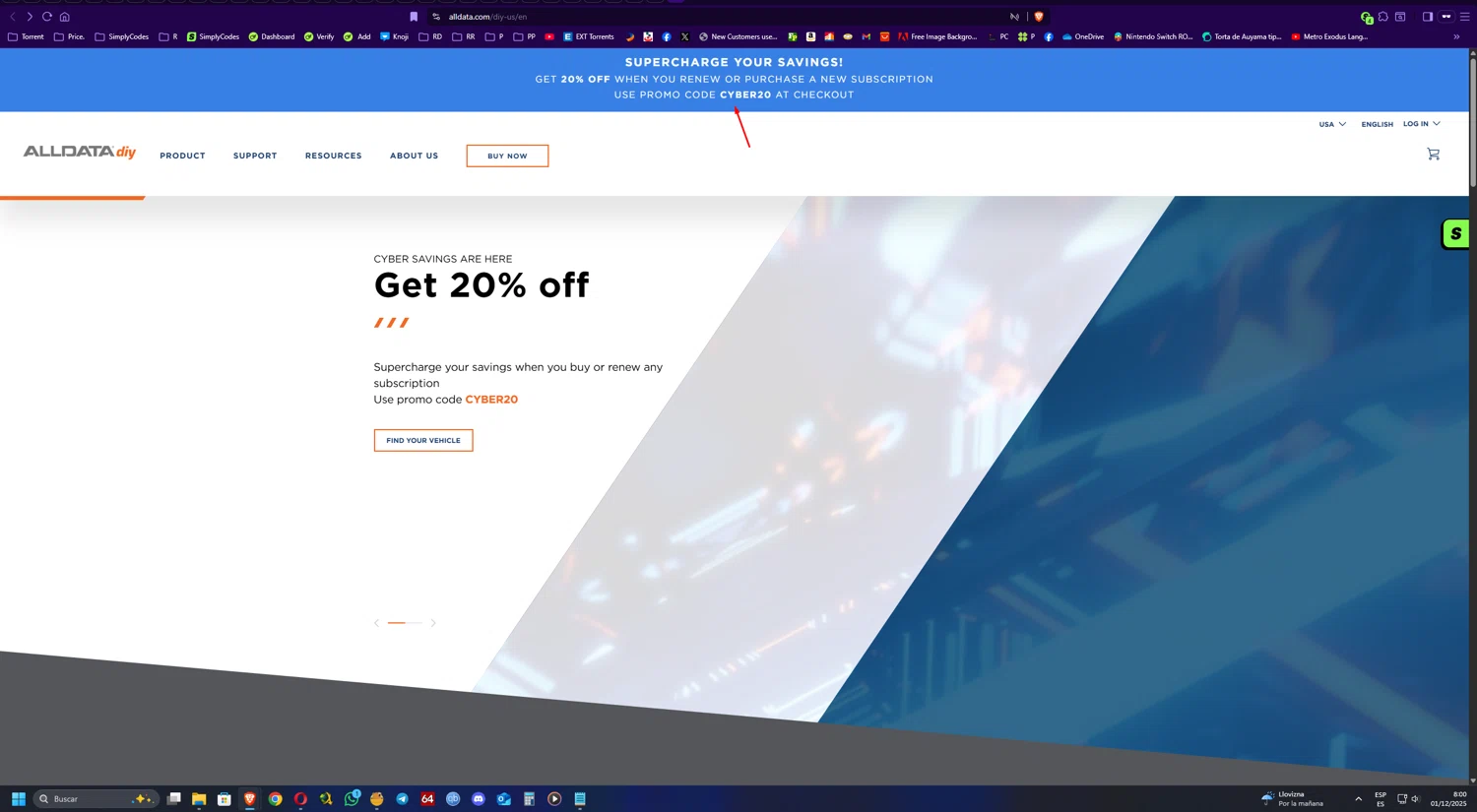 ALLDATA DIY promo code screenshot showing code CYBER20 applied at ALLDATA DIY checkout page. Uploaded by SimplyCodes community member UnkNownVnzla on Dec 1, 2025
