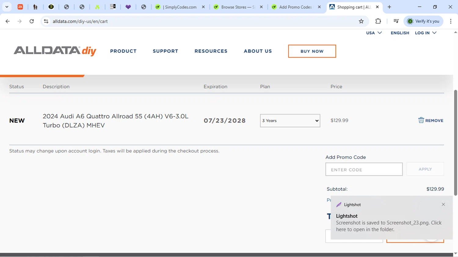 ALLDATA DIY promo code screenshot showing code THANKS10 applied at ALLDATA DIY checkout page. Uploaded by SimplyCodes community member VoucherFox7461 on Jul 24, 2025