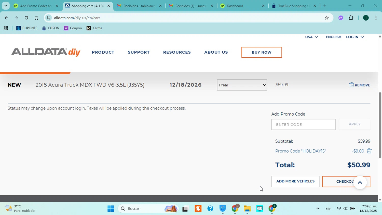 ALLDATA DIY promo code screenshot showing code HOLIDAY15 applied at ALLDATA DIY checkout page. Uploaded by SimplyCodes community member jorgejavierherrera on Dec 18, 2025