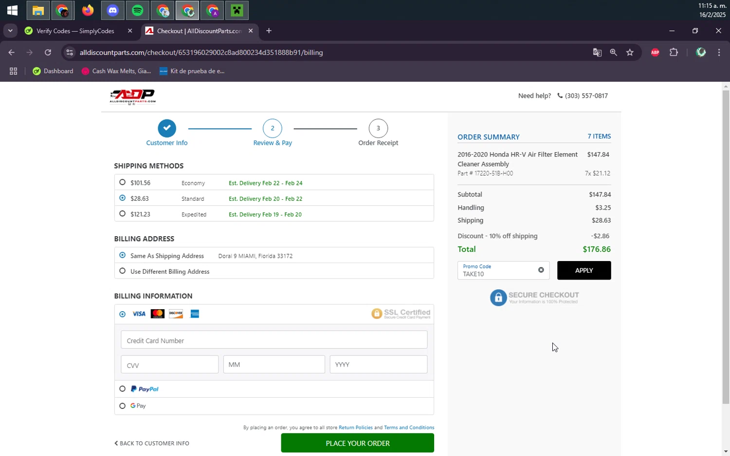AllDiscountParts.com promo code screenshot showing code Take10 applied at AllDiscountParts.com checkout page. Uploaded by SimplyCodes community member ScanGenius949 on Feb 16, 2025