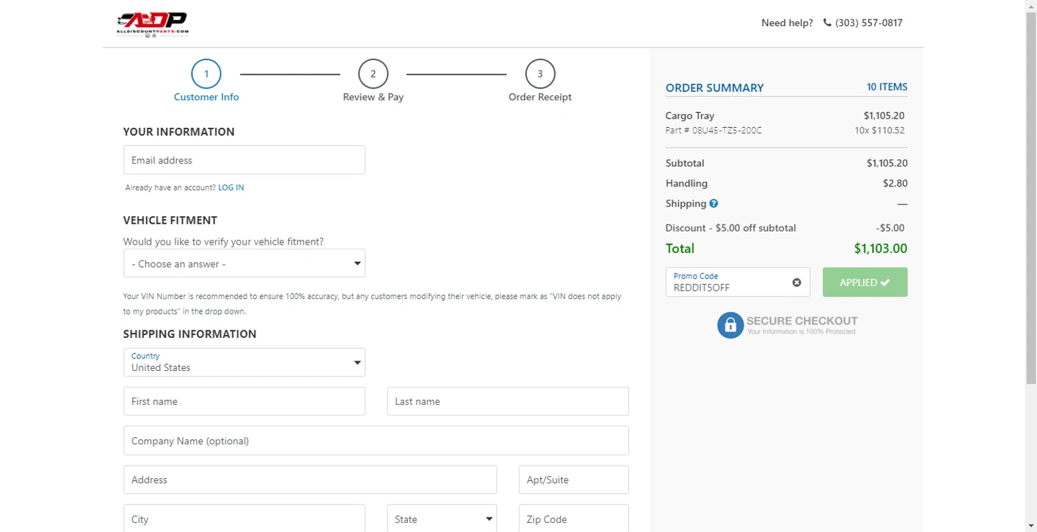 AllDiscountParts.com promo code screenshot showing code REDDIT5OFF applied at AllDiscountParts.com checkout page. Uploaded by SimplyCodes community member CodeTitan6120 on Oct 23, 2025
