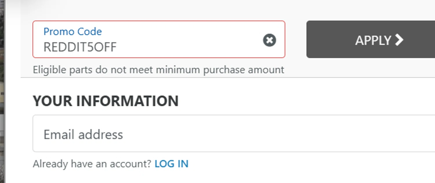 AllDiscountParts.com promo code screenshot showing code REDDIT5OFF applied at AllDiscountParts.com checkout page. Uploaded by SimplyCodes community member GoldLynx7797 on Dec 20, 2025