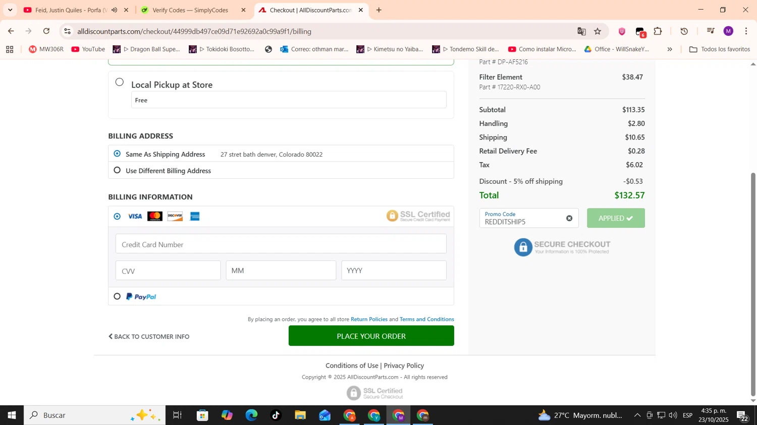 AllDiscountParts.com promo code screenshot showing code RedditShip5 applied at AllDiscountParts.com checkout page. Uploaded by SimplyCodes community member cod_gakpo on Oct 23, 2025