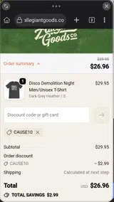 CAUSE10 coupon verification screenshot