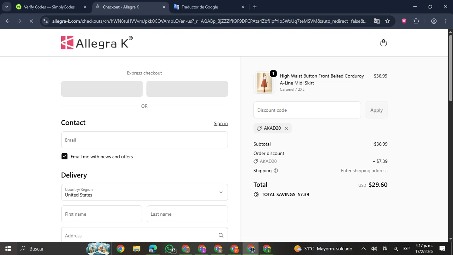 Allegra K coupon code screenshot showing code AKAD20 applied at Allegra K checkout page. Uploaded by SimplyCodes community member GloriousDefender7889 on Feb 17, 2026