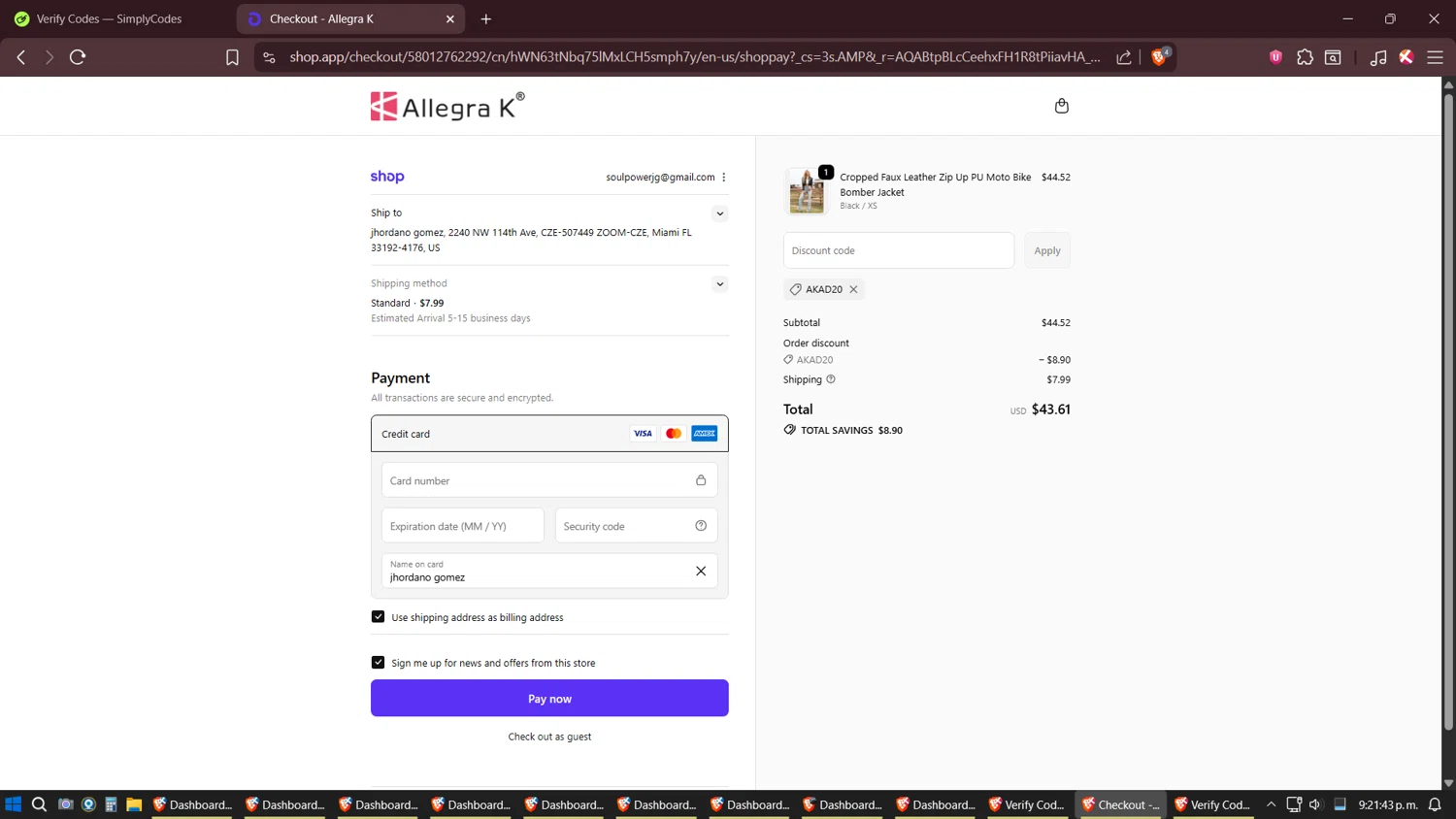 Allegra K coupon code screenshot showing code AKAD20 applied at Allegra K checkout page. Uploaded by SimplyCodes community member Sesshomaru on Dec 5, 2025