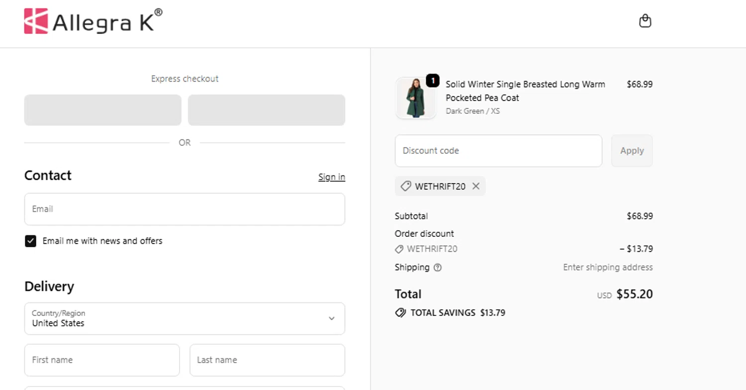 Allegra K coupon code screenshot showing code WETHRIFT20 applied at Allegra K checkout page. Uploaded by SimplyCodes community member Toundjiale on Nov 14, 2025