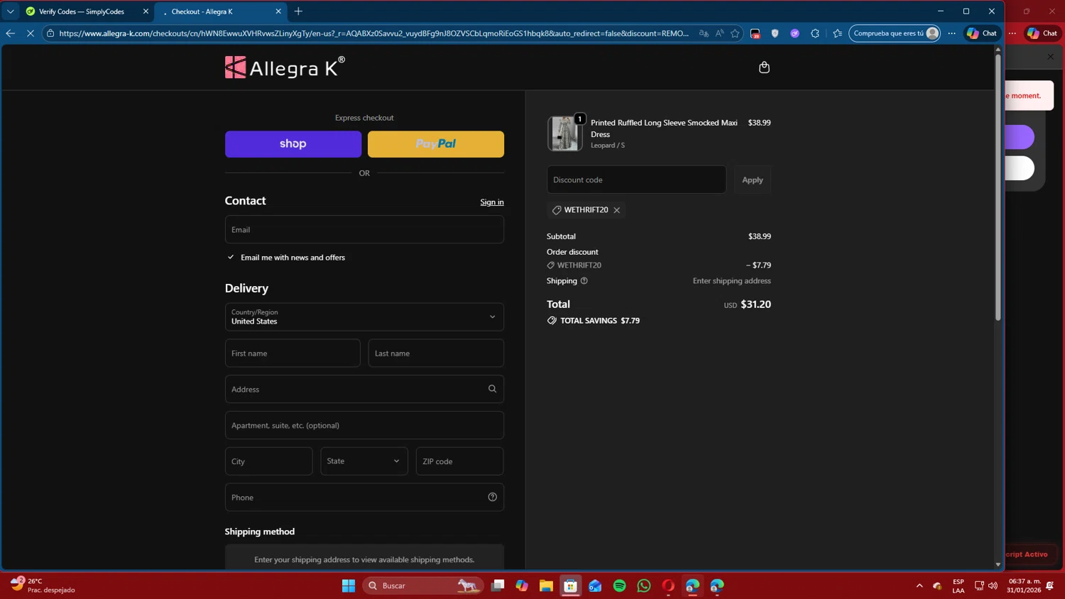 Allegra K coupon code screenshot showing code WETHRIFT20 applied at Allegra K checkout page. Uploaded by SimplyCodes community member TuAmigoBlue on Jan 31, 2026