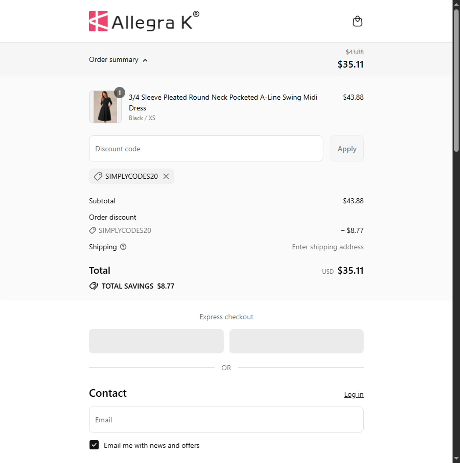 Allegra K coupon code screenshot showing code SIMPLYCODES20 applied at Allegra K checkout page. Uploaded by SimplyCodes community member BeaMartinez on Aug 22, 2025