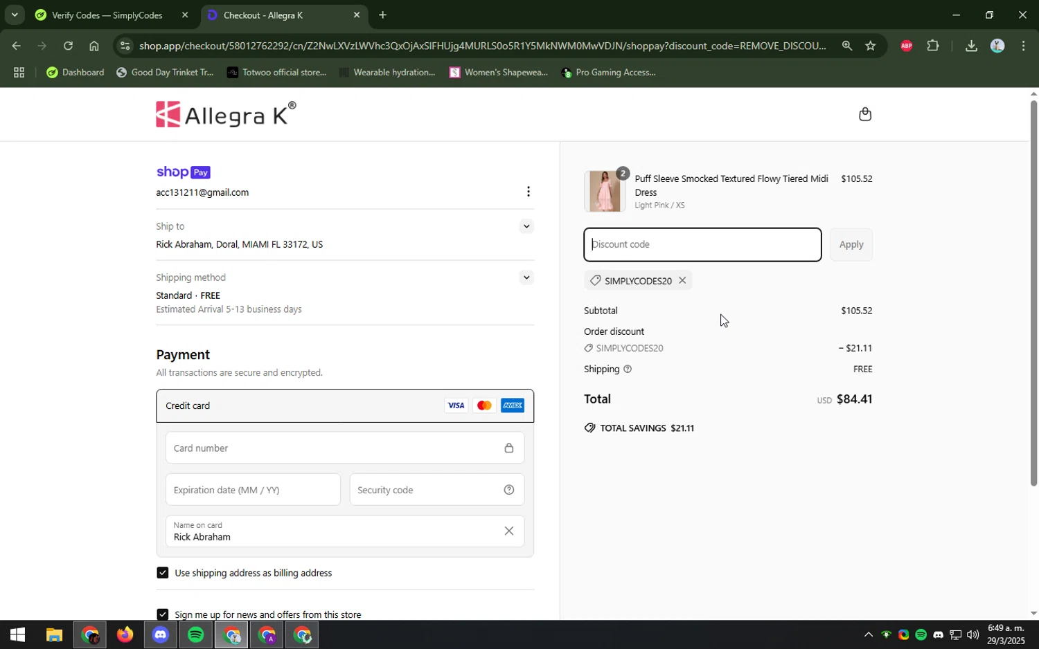 Allegra K coupon code screenshot showing code SIMPLYCODES20 applied at Allegra K checkout page. Uploaded by SimplyCodes community member DIOSESMIGUIA on Mar 29, 2025