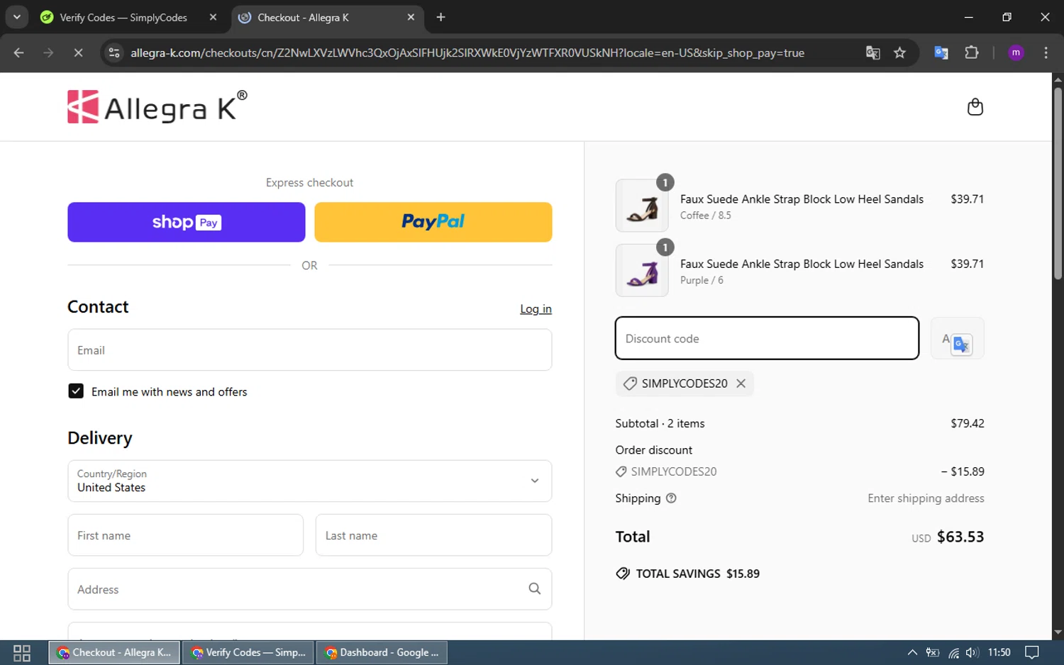 Allegra K coupon code screenshot showing code SIMPLYCODES20 applied at Allegra K checkout page. Uploaded by SimplyCodes community member CrownWizard4992 on Mar 29, 2025