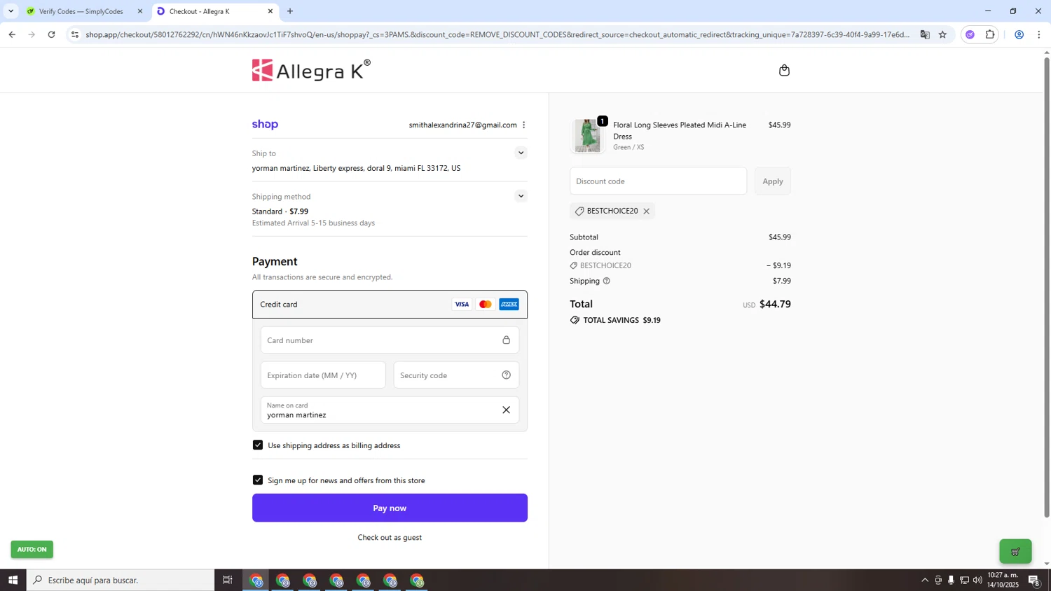 Allegra K coupon code screenshot showing code BESTCHOICE20 applied at Allegra K checkout page. Uploaded by SimplyCodes community member MRYORMAN on Oct 14, 2025