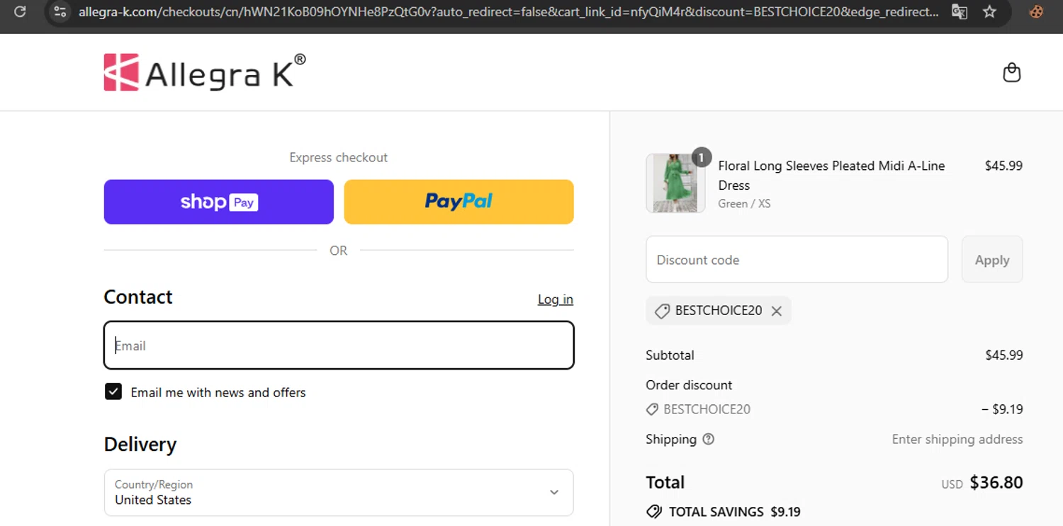 Allegra K coupon code screenshot showing code BESTCHOICE20 applied at Allegra K checkout page. Uploaded by SimplyCodes community member javierprez on Aug 20, 2025