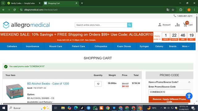 AllegroMedical checkout page showing AllegroMedical promo code box | Screenshot taken by SimplyCodes community member on Aug 31, 2025