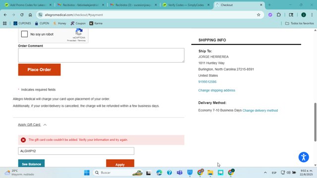 AllegroMedical checkout page showing AllegroMedical promo code box | Screenshot taken by SimplyCodes community member on Aug 22, 2025