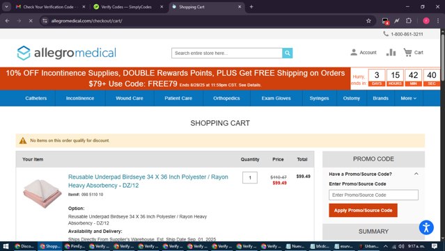 AllegroMedical checkout page showing AllegroMedical promo code box | Screenshot taken by SimplyCodes community member on Aug 25, 2025