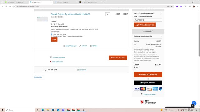 AllegroMedical checkout page showing AllegroMedical promo code box | Screenshot taken by SimplyCodes community member on Aug 28, 2025