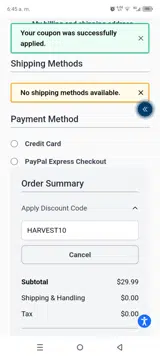 HARVEST10 coupon verification screenshot