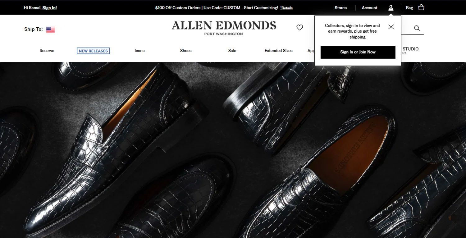 Allen Edmonds promo code screenshot showing code CUSTOM applied at Allen Edmonds checkout page. Uploaded by SimplyCodes community member ______ on Aug 19, 2025