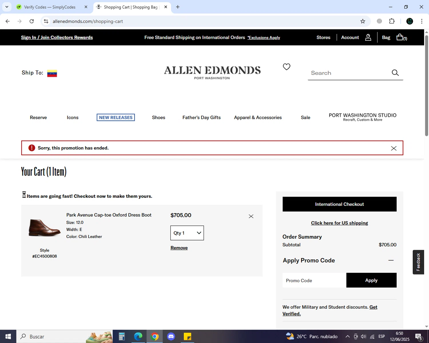 Allen Edmonds promo code screenshot showing code FREE2DAY applied at Allen Edmonds checkout page. Uploaded by SimplyCodes community member MoneyGenius452 on Jun 12, 2025
