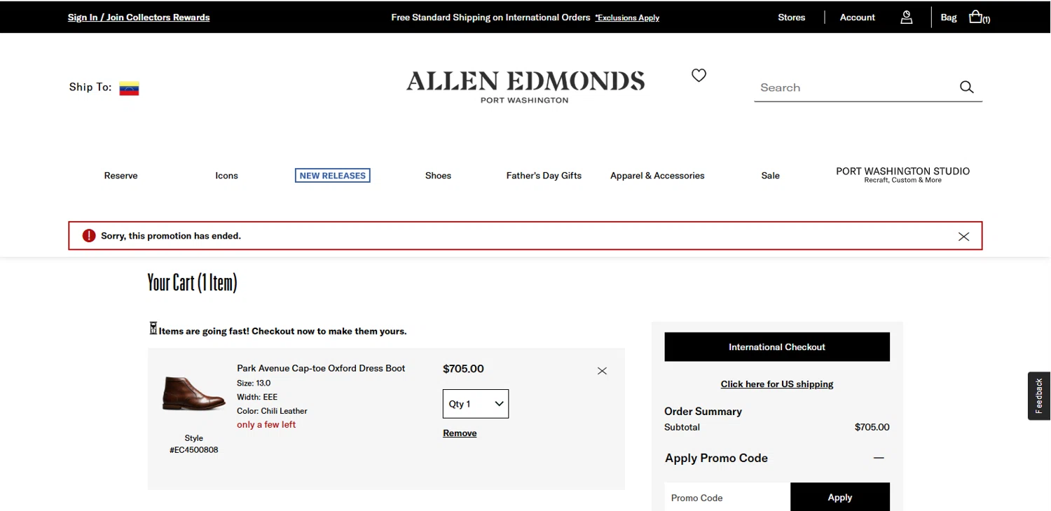 Allen Edmonds promo code screenshot showing code FREE2DAY applied at Allen Edmonds checkout page. Uploaded by SimplyCodes community member Wolffire on Jun 12, 2025