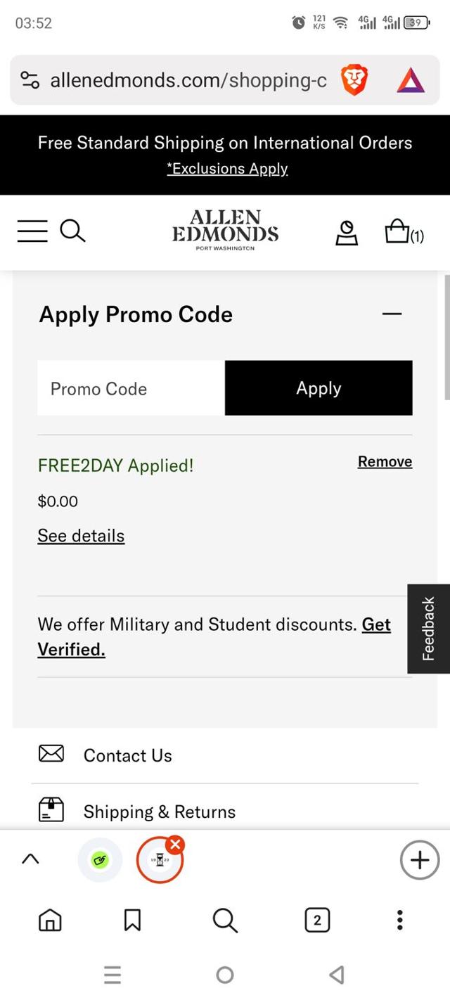 Allen Edmonds checkout page showing Allen Edmonds promo code box | Screenshot taken by SimplyCodes community member on Jun 6, 2025
