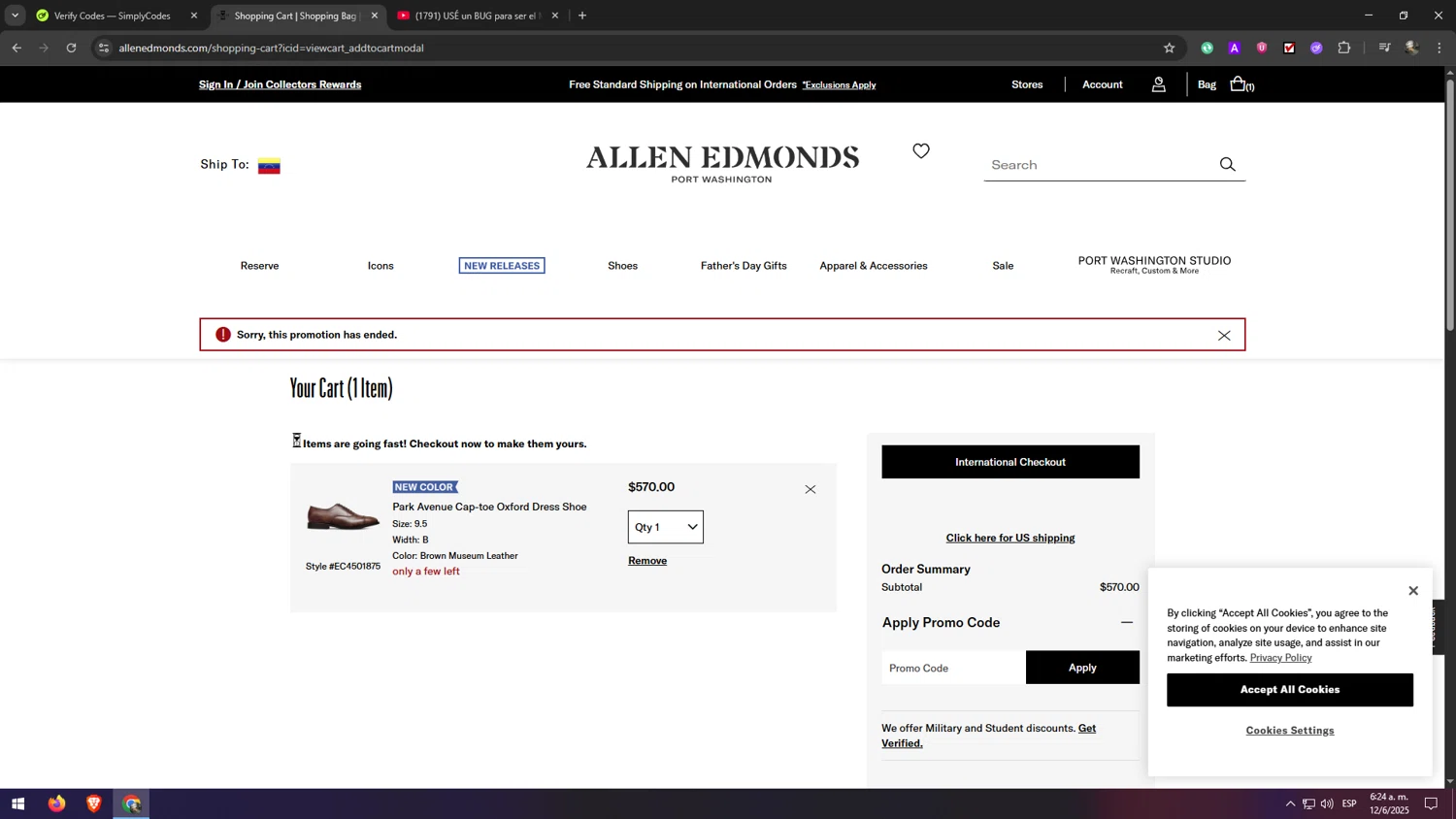 Allen Edmonds promo code screenshot showing code FREE2DAY applied at Allen Edmonds checkout page. Uploaded by SimplyCodes community member eliaskao on Jun 12, 2025