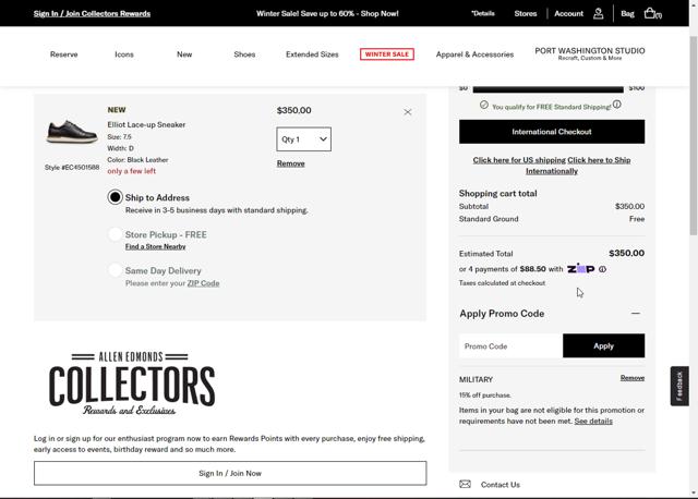 Allen Edmonds checkout page showing Allen Edmonds promo code box | Screenshot taken by SimplyCodes community member on Dec 25, 2024