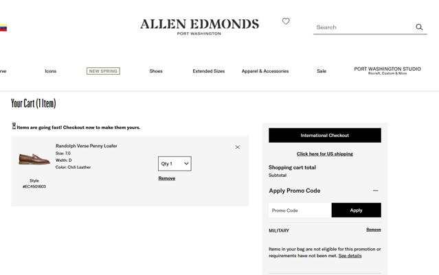 Allen Edmonds checkout page showing Allen Edmonds promo code box | Screenshot taken by SimplyCodes community member on Feb 19, 2025