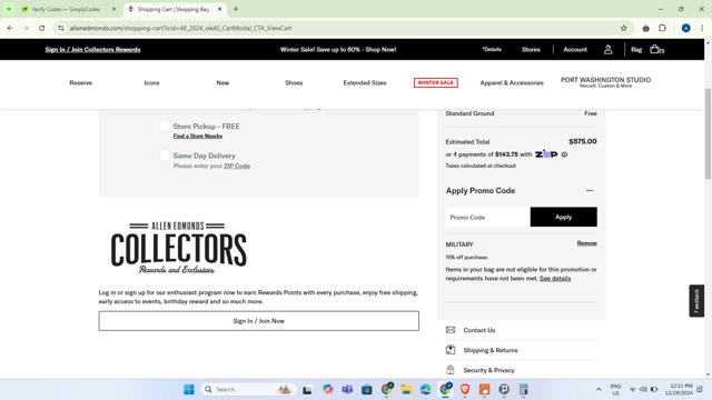 Allen Edmonds checkout page showing Allen Edmonds promo code box | Screenshot taken by SimplyCodes community member on Dec 29, 2024