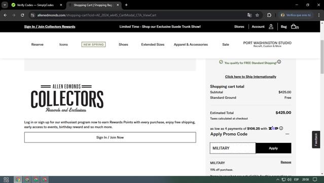 Allen Edmonds checkout page showing Allen Edmonds promo code box | Screenshot taken by SimplyCodes community member on Feb 19, 2025