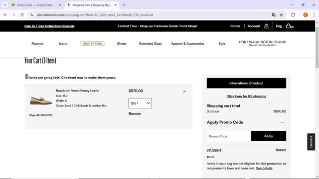 Allen Edmonds checkout page showing Allen Edmonds promo code box | Screenshot taken by SimplyCodes community member on Feb 19, 2025