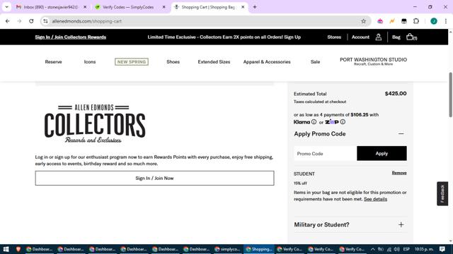 Allen Edmonds checkout page showing Allen Edmonds promo code box | Screenshot taken by SimplyCodes community member on Mar 16, 2025