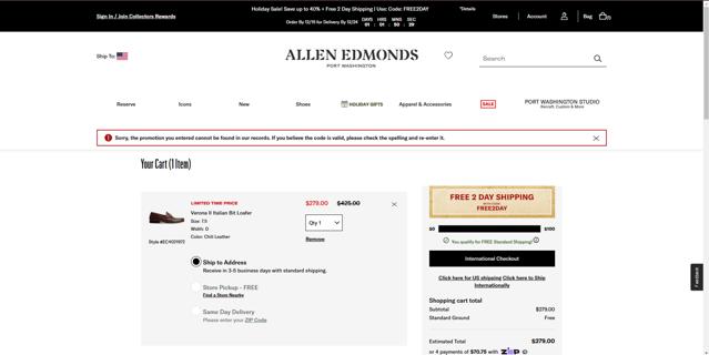 Allen Edmonds checkout page showing Allen Edmonds promo code box | Screenshot taken by SimplyCodes community member on Dec 15, 2024