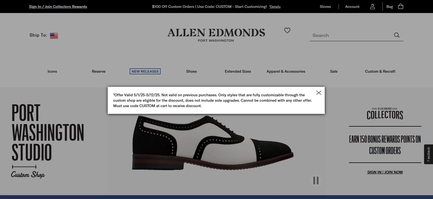 Allen Edmonds promo code screenshot showing code CUSTOM applied at Allen Edmonds checkout page. Uploaded by SimplyCodes community member rapiddeals on May 1, 2025