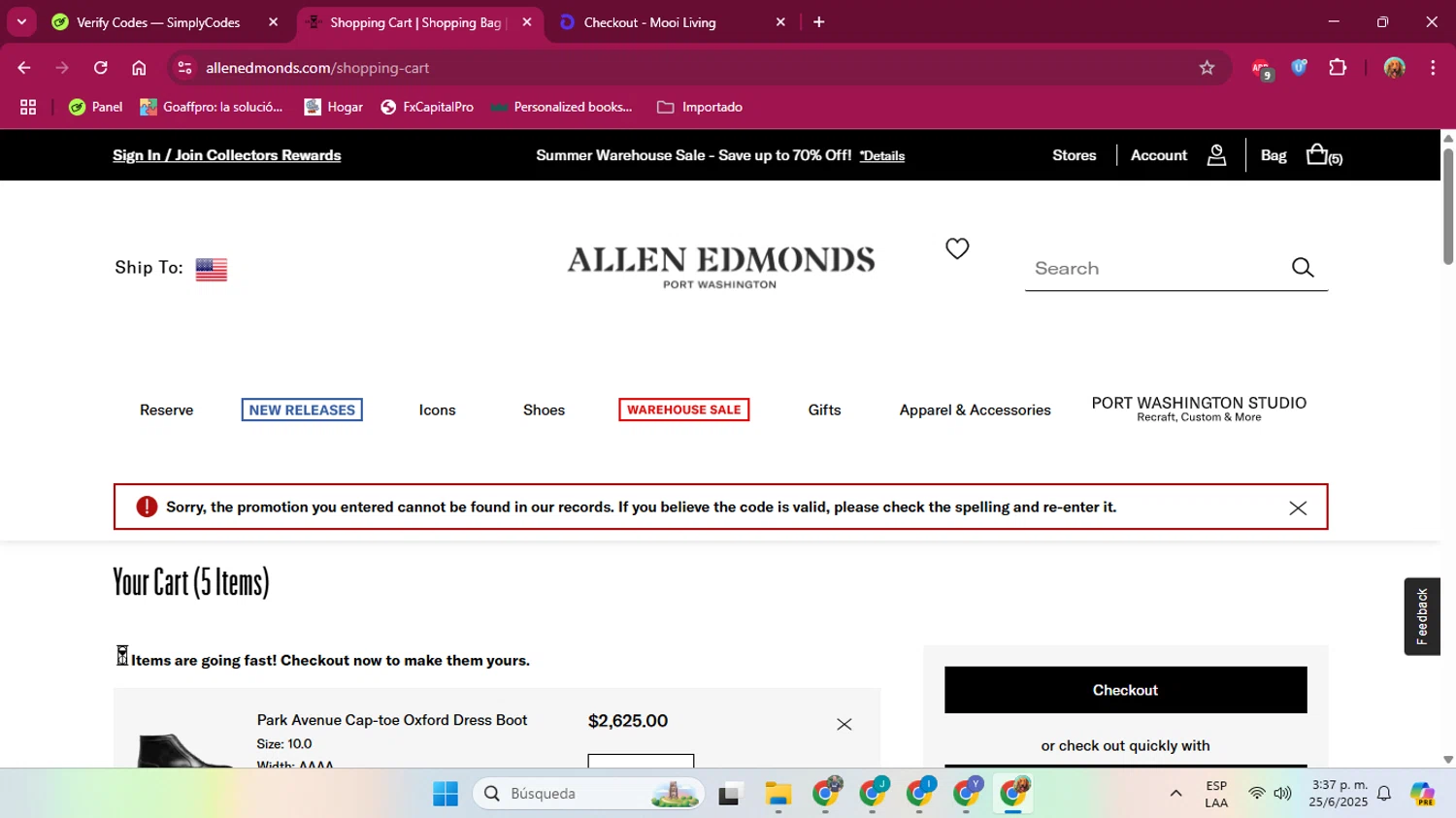 Allen Edmonds promo code screenshot showing code FREEE2DAY applied at Allen Edmonds checkout page. Uploaded by SimplyCodes community member ENGP2105 on Jun 25, 2025