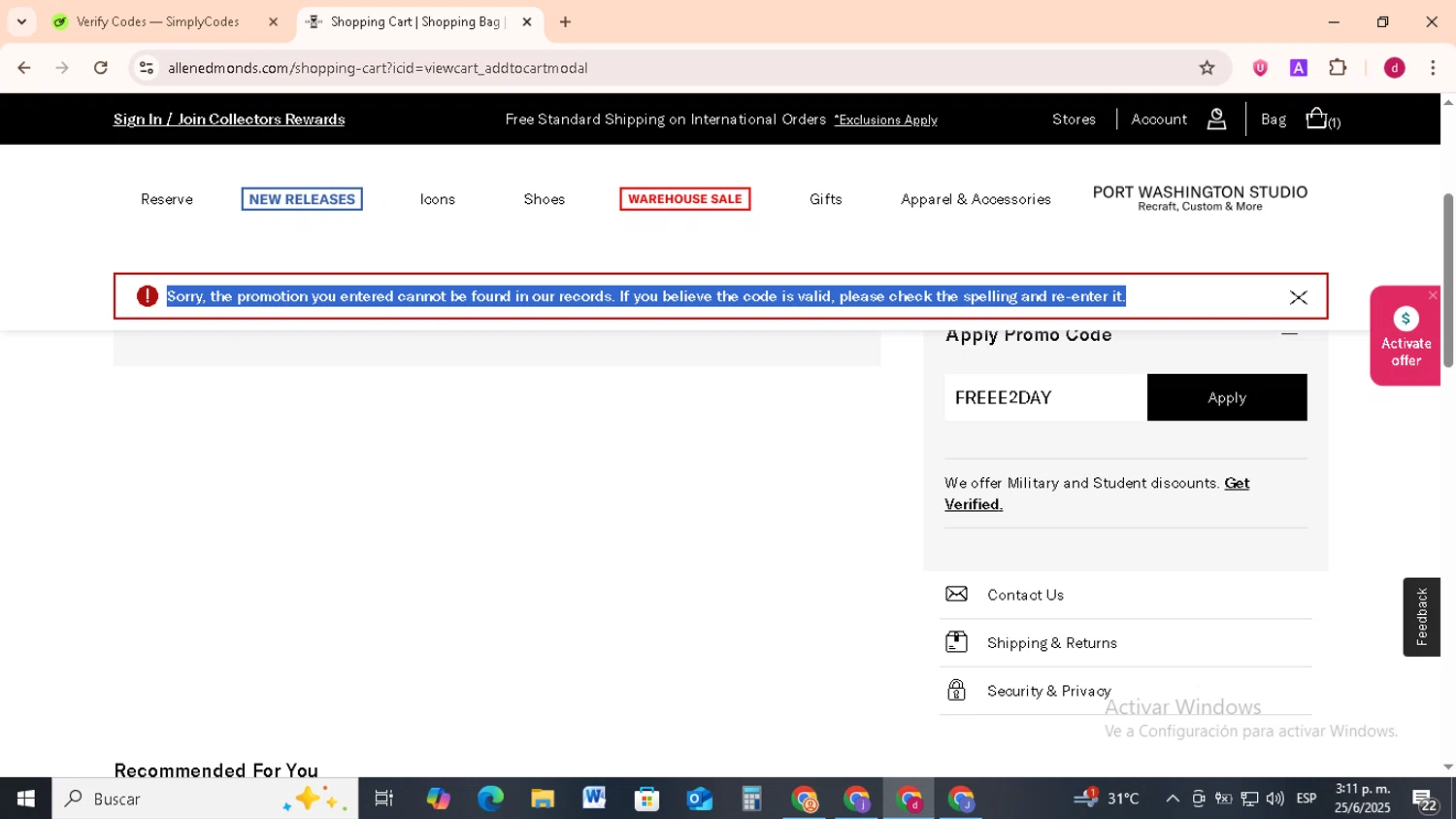 Allen Edmonds promo code screenshot showing code FREEE2DAY applied at Allen Edmonds checkout page. Uploaded by SimplyCodes community member FrugalMonarch7277 on Jun 25, 2025