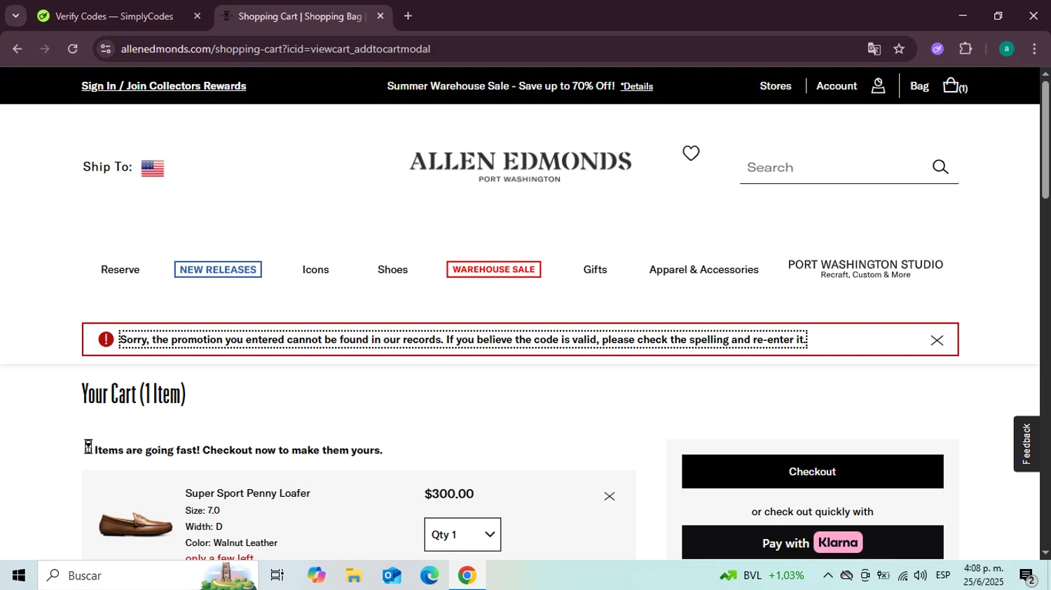 Allen Edmonds promo code screenshot showing code FREEE2DAY applied at Allen Edmonds checkout page. Uploaded by SimplyCodes community member Santiagotremont on Jun 25, 2025