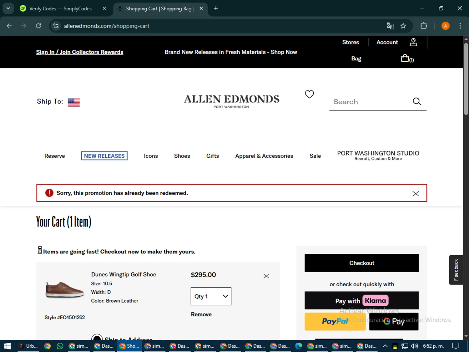 Allen Edmonds promo code screenshot showing code AETEXTUSNWZGFCYM applied at Allen Edmonds checkout page. Uploaded by SimplyCodes community member MoneyPhoenix4664 on Jul 8, 2025
