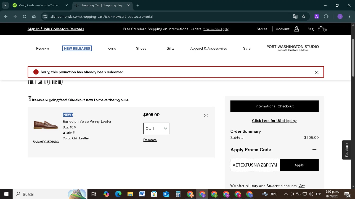 Allen Edmonds promo code screenshot showing code AETEXTUSNWZGFCYM applied at Allen Edmonds checkout page. Uploaded by SimplyCodes community member TAZ2024 on Jul 8, 2025