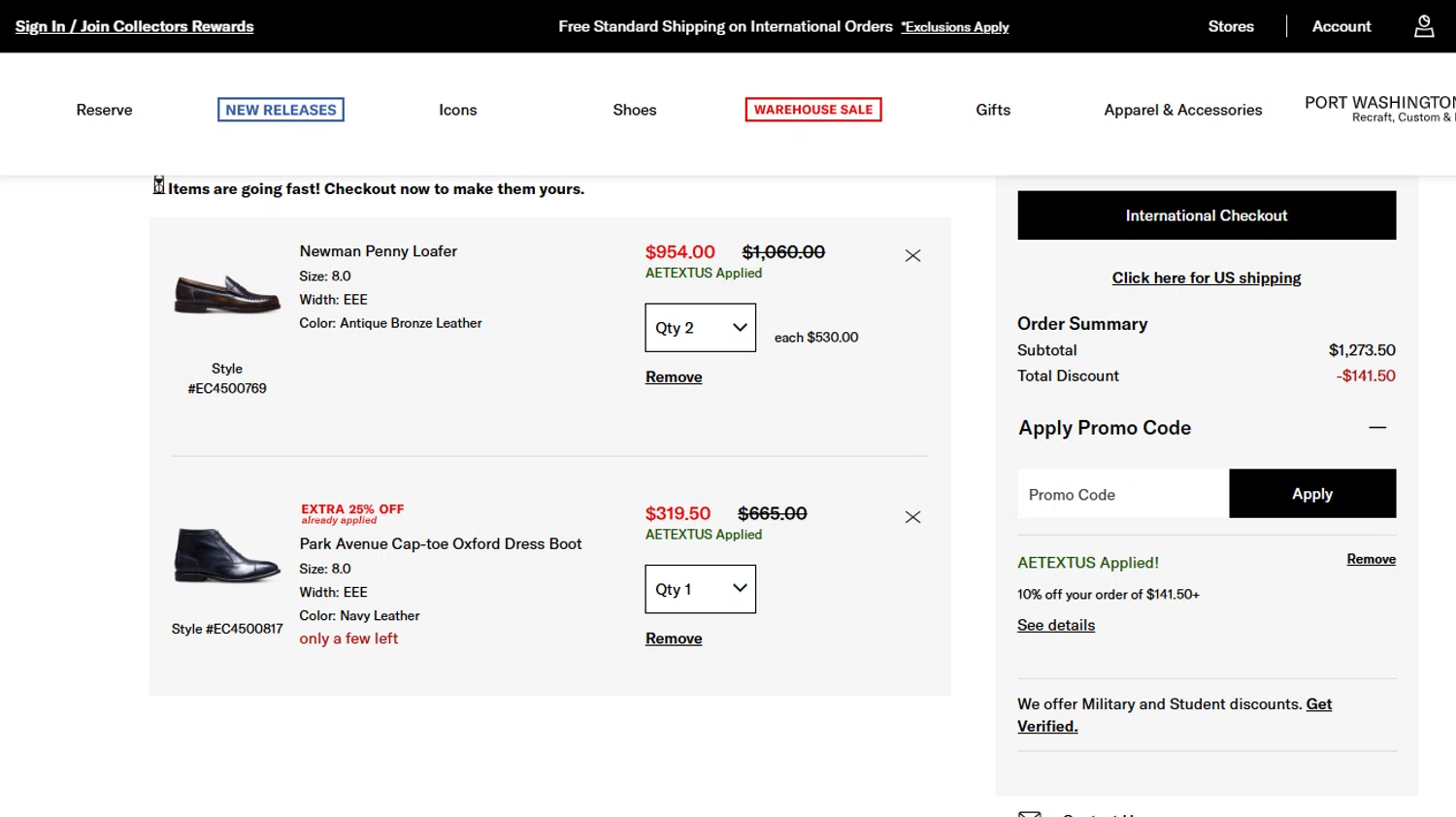 Allen Edmonds promo code screenshot showing code AETEXTUSNWZGFCYM applied at Allen Edmonds checkout page. Uploaded by SimplyCodes community member reimalave10 on Jun 30, 2025